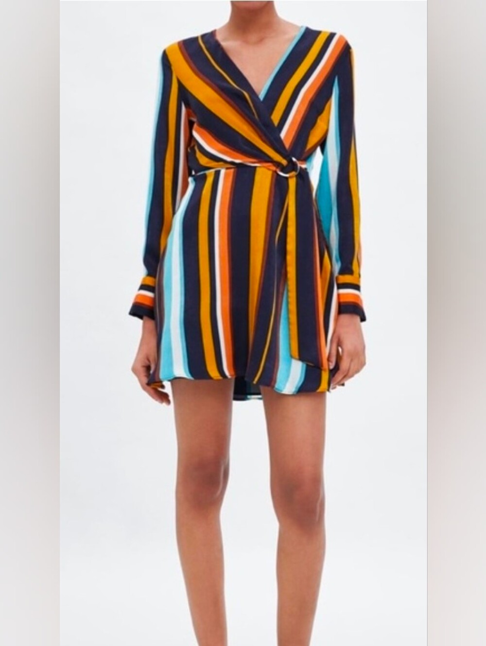 Zara multicolored striped satin long-sleeve wrap dress with a side tie